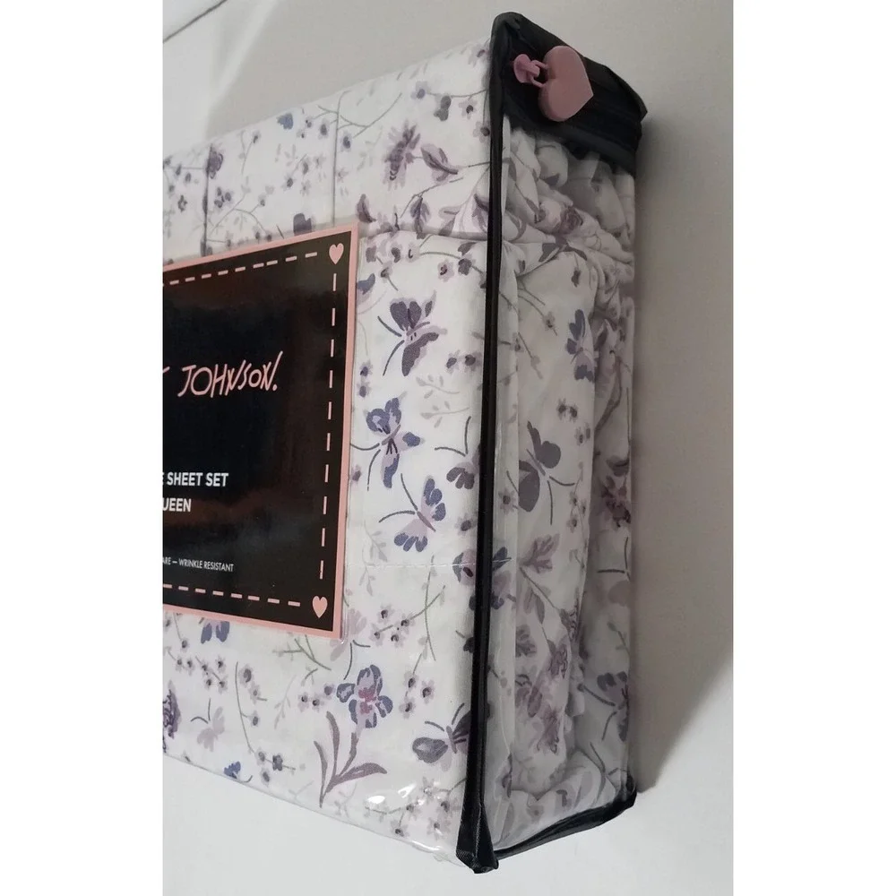 Betsey Johnson Queen Sheet‎ Set Purple Floral Flowers Butterfly 6pc Bedding NEW